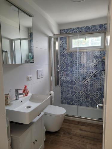 a bathroom with a sink and a toilet and a shower at CASA DEGLI ARANCI, smart work wifi garden terrace in Monteroni di Lecce
