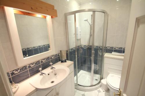y baño con ducha, lavabo y aseo. en Hurlestone Apartment en Porlock