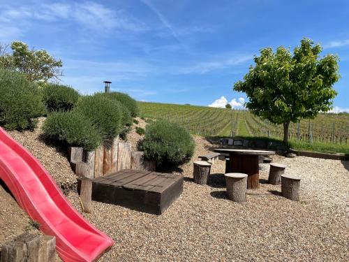 a playground with a red slide and a bench at Ubytovani Valentovi in Velké Bílovice