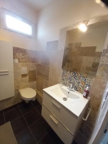 une salle de bain avec un lavabo et des toilettes dans l'établissement Appartement centre-ville, 4 pers, à Aix-les-Bains
