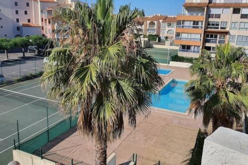 deux palmiers devant un court de tennis dans l'établissement Apt T2 bis, 5p secteur Richelieu avec terrasse, piscine, tennis, parking privé, au Cap d'Agde