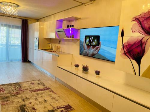 a kitchen with a flat screen tv on the wall at S & S Apartment 2 bedroom with Balcony & Terrace Dumbravita free Parking at location 2 spaces in Dumbrăviţa