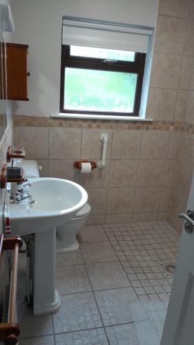 a bathroom with a sink and a toilet and a window at Grandma's Cottage in Greencastle
