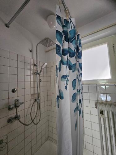La salle de bains est pourvue d'une douche avec rideau de douche. dans l'établissement Miky Home, à Calw