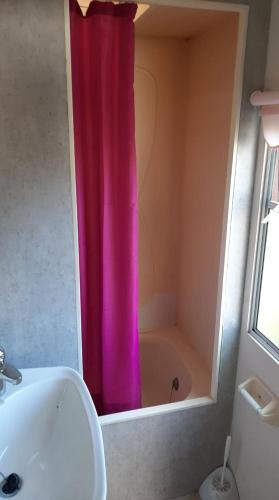 een badkamer met een roze douchegordijn naast een bad bij Pigi nakvynė Rokiškyje in Rokiškis