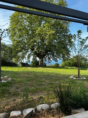 uma vista para um parque com uma árvore e rochas em Le Gast, Vaumeilh em Sisteron