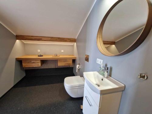a bathroom with a white toilet and a mirror at Svansholl Apartments in Laugarholl