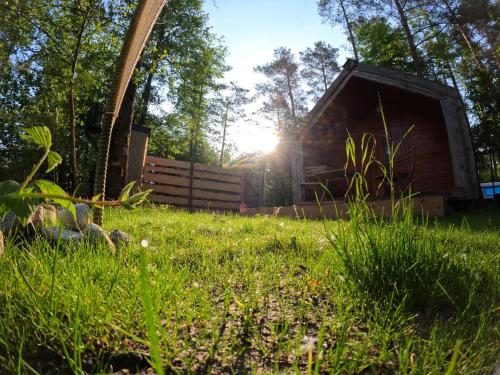 une grange dans un champ d'herbe où le soleil brille dans l'établissement Forest Lodge Camping Menina, à Rečica ob Savinji