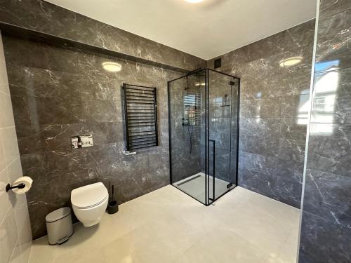 uma casa de banho com um chuveiro e um WC. em Apartamenty u Moni em Zakopane