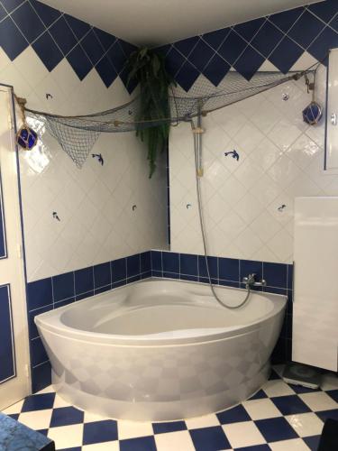 La salle de bains est pourvue d'une baignoire et de carrelage bleu et blanc. dans l'établissement Villa à la porte des landes, à Casteljaloux