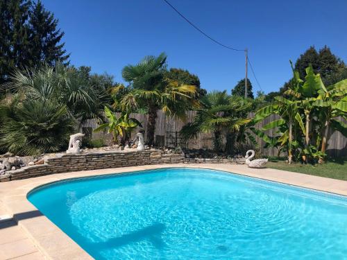 une piscine dans une cour avec des palmiers dans l'établissement Villa à la porte des landes, à Casteljaloux