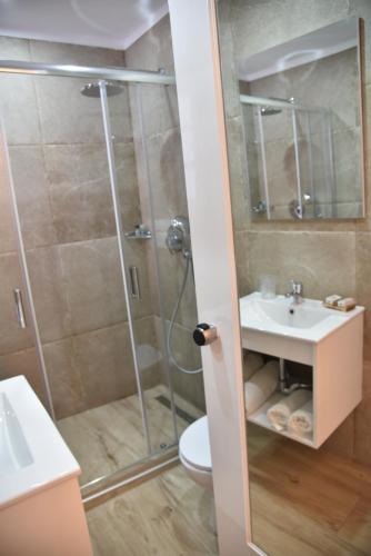 a bathroom with a shower and a sink and a toilet at Boutique Hotel Tilos Mare in Livadia