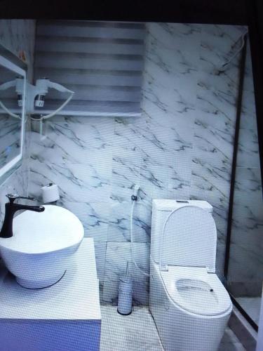 a bathroom with a white toilet and a sink at Koko HOMES LEKKI PHASE 1 in Lagos