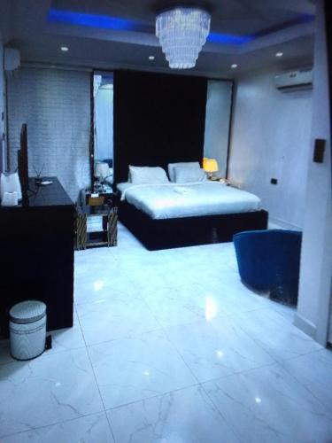 ein Schlafzimmer mit einem Bett und einem Schreibtisch in einem Zimmer in der Unterkunft Koko HOMES LEKKI PHASE 1 in Lagos