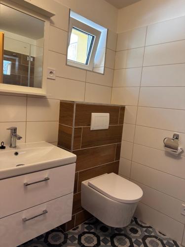 a bathroom with a toilet and a sink and a mirror at Ubytování u Jeřábků in Mikulov