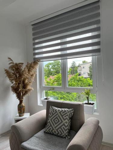 a living room with a couch and a window at Maksim Apartments Skopje in Skopje