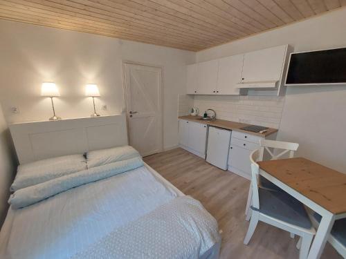 eine kleine Küche mit einem Bett und einem Tisch in einem Zimmer in der Unterkunft Bajkowy Las in Pobierowo