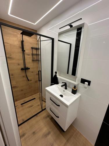 uma casa de banho com um lavatório branco e um chuveiro em Apartament u Majki em Bystra