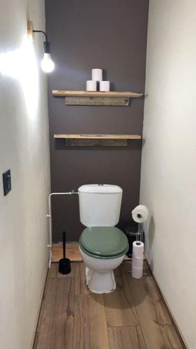 Elle comprend une petite salle de bains pourvue de toilettes et d'un siège vert. dans l'établissement Maison en bois à Entrechaux, à Entrechaux