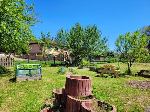 a yard with some logs in the grass at Rêverie du Val in Triembach-au-Val