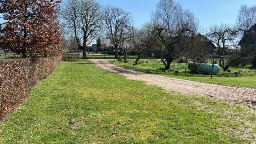 a dirt road in a field with trees and a fence at Camping De Nieuwe Hof in Otterlo