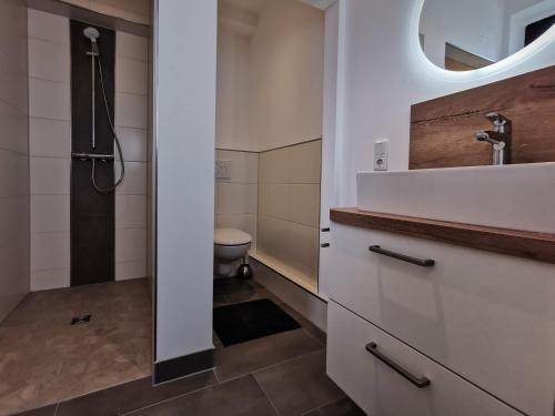 a bathroom with a shower and a toilet at Pension Asche in Leese