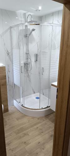 a shower with a glass enclosure in a bathroom at Ground Floor Rooms in Łomża