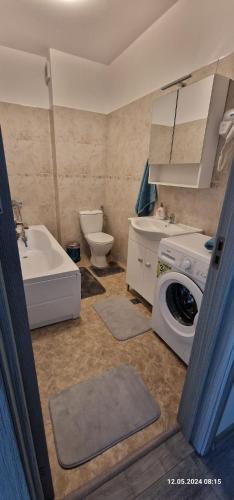 a bathroom with a washing machine and a toilet at Studio Miru in Agigea