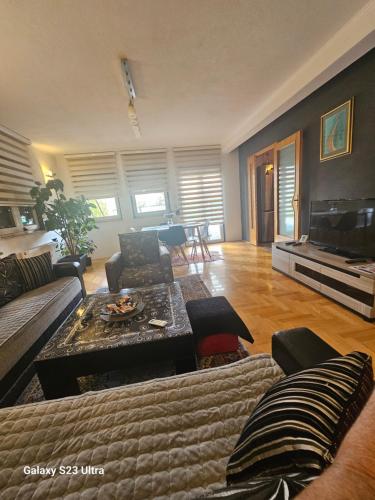 uma sala de estar com um sofá e uma televisão em Villa Kasinda em Sarajevo
