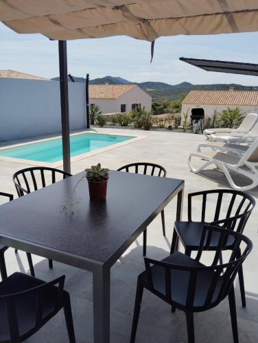 - une table avec des chaises, un parasol et une piscine dans l'établissement E CASE DI GILDA, à Palasca