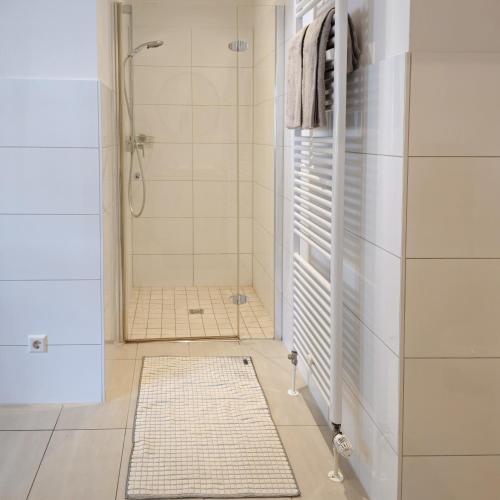 a bathroom with a shower and a white door at NORA One in Traben-Trarbach