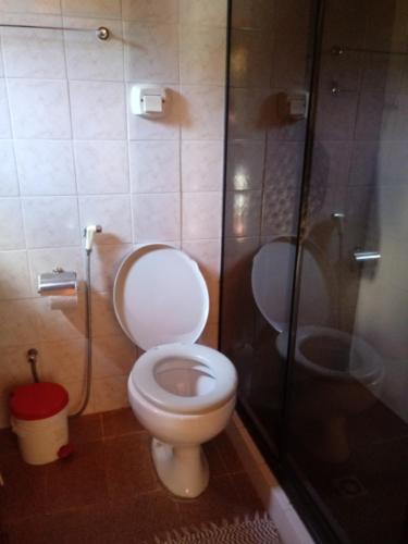 a bathroom with a toilet and a shower at Chalé Maringá in Bocaina de Minas