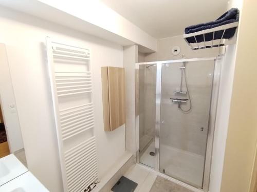 La salle de bains est pourvue d'une douche et d'une cabine de douche en verre. dans l'établissement Penthouse terraces 4 rooms, à Fontenay-sous-Bois