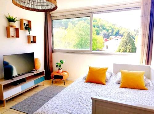 een slaapkamer met een groot raam en een bed met gele kussens bij F2 Lumineux avec vue- Puy-de-Dôme à 10 min - Parking gratuit in Royat