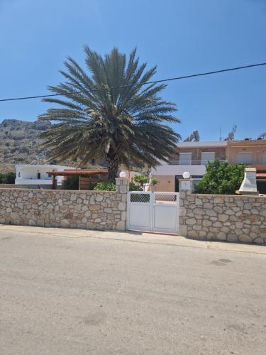 a fence with a palm tree in front of a house at Stergios summer dream house in Kolimbia