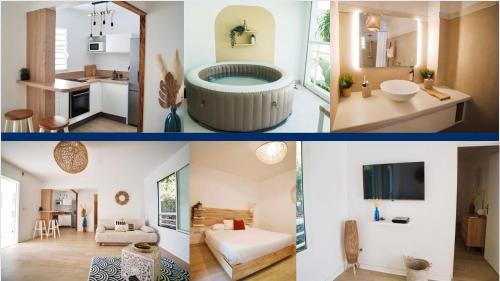 un collage de fotos de un baño y una sala de estar en Appartemment T2 cosy et spacieux : l’Oasis urbaine, en Les Abymes