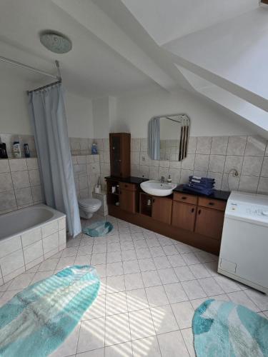 a bathroom with a tub sink and a toilet at Ferienwohnung Flonta in Mittweida