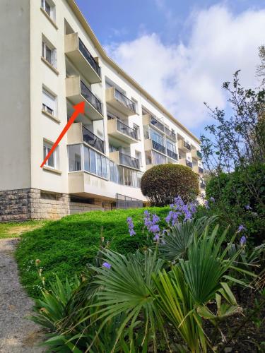 un bâtiment avec une flèche rouge sur son côté dans l'établissement L'Océan à 100m via une venelle privée, la Ville Close à 500m, l'Archipel des Glénan à l'horizon, à Concarneau