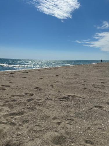 a beach with footprints in the sand and the ocean at Vila Horizont in Baks-Rrjoll