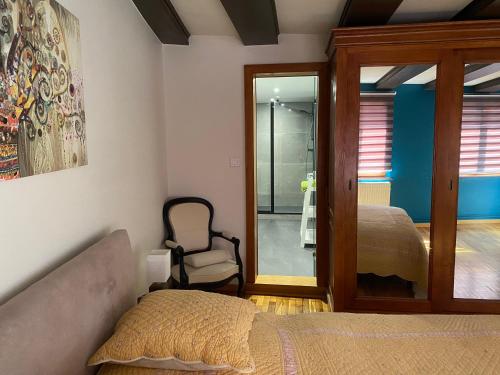 a bedroom with a bed and a chair and a window at Appartement spacieux - cœur historique de la ville in Barr