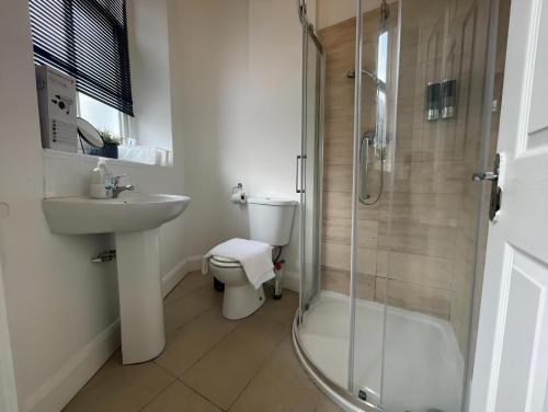 e bagno con servizi igienici, lavandino e doccia. di Cork city En-suite Single room a Cork