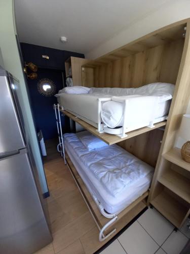 Cette chambre comprend deux lits superposés et un réfrigérateur. dans l'établissement Studio 4 personnes vue MER et PORT, au Grau-du-Roi