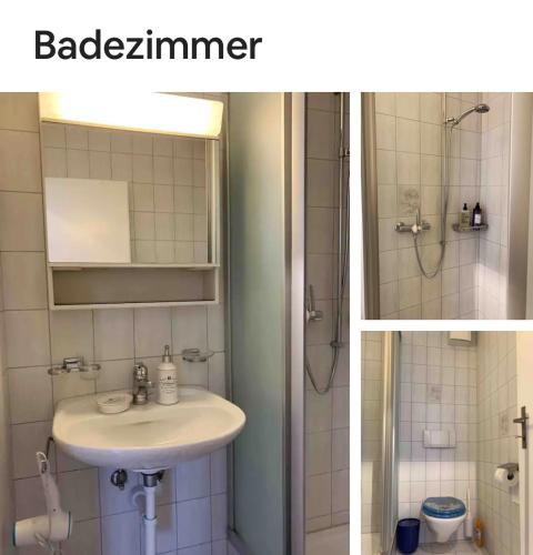 2 fotografias de uma casa de banho com um lavatório e um chuveiro em 25m2 Studio with Kitchen in Zürich em Zurique