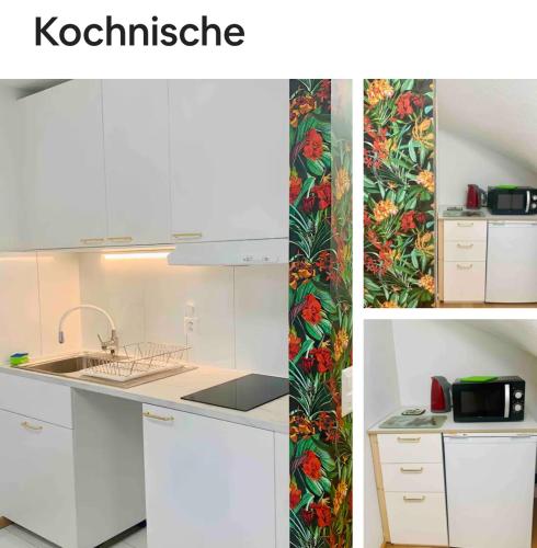 een keuken met witte kasten en tropisch behang bij 25m2 Studio with Kitchen in Zürich in Zürich