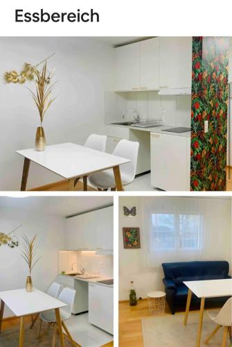 uma colagem de fotos de uma cozinha e uma mesa branca em 25m2 Studio with Kitchen in Zürich em Zurique
