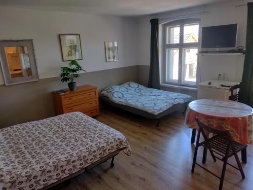 a room with two beds and a table and a window at Sudety hut in Podgórzyn