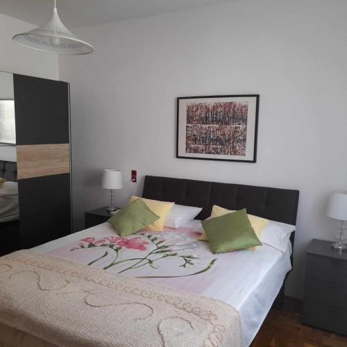 1 dormitorio con 1 cama grande con almohadas verdes en Kuća Dina - app en Jankomir
