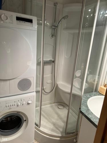 une salle de bain avec une machine à laver et un lavabo dans l'établissement Appartement cosy a Montchavin, à La Plagne Tarentaise