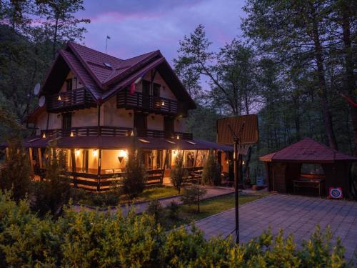 une grande maison avec beaucoup de lumières dessus dans l'établissement Casuta Din Padure Malaia, à Malaia