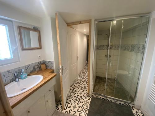 une salle de bain avec une douche en verre et un lavabo dans l'établissement MAISONNETTE de charme avec cour privative Haute-Ville GRANVILLE, à Granville